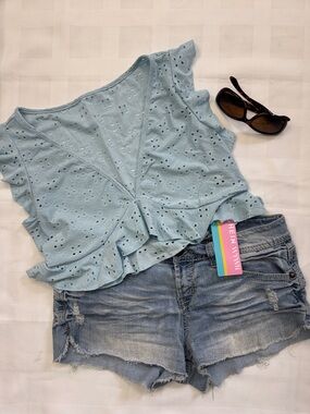 SHEIN Pale Blue Eyelet Crop Top with Ruffle Hem